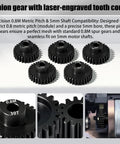 Five Piece 0.8M Hardened Steel Pinion Gear Set With 5mm Shaft And 26T 27T 28T 29T 30T For 1 To 10 Scale RC Cars Including Arrma HPI Losi Axial Traxxas Tamiya 540 550 Motors With M4 Screw And Hex Key, showing laser-engraved tooth count detail