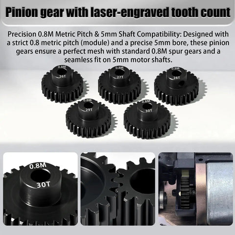Five Piece 0.8M Hardened Steel Pinion Gear Set With 5mm Shaft And 26T 27T 28T 29T 30T For 1 To 10 Scale RC Cars Including Arrma HPI Losi Axial Traxxas Tamiya 540 550 Motors With M4 Screw And Hex Key, showing laser-engraved tooth count detail