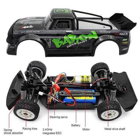 One Sixteen Scale 4WD RC Car With High Speed Drifting Up To Twenty MPH Off Road Buggy 4X4 Toy Car interior and labeled parts