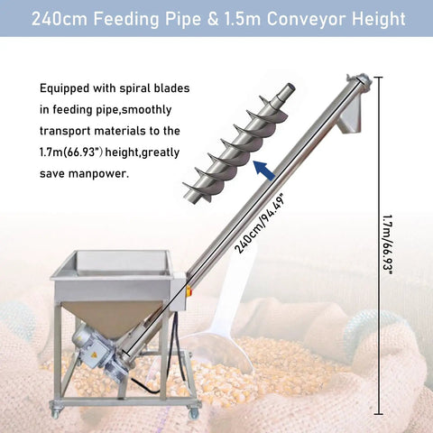 Electric Screw Conveyor With Inclined Spiral Auger Feeder For Powder And Particle Loading, 1.7m Height, stainless steel design.