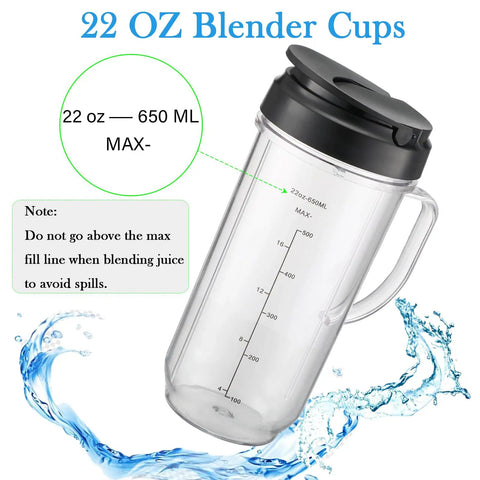 Tall 22oz Blender Cup With Flip Top To-Go Lid And Cross Blade, clear plastic cup with handle and 650ml mark