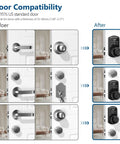 Before and after installation of Smart Door Knob Lock With Keypad And Fingerprint Five In One Access App Bluetooth Control on standard doors