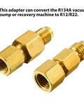 4 Piece R134A Refrigerant Tank Adapter Set For Car Air Conditioning Service Includes Half Inch Female To Quarter Inch Male Flare Valve Core And Quarter Inch Female To Half Inch Male Vacuum Pump Adapters For R12 And R134A Systems showing brass adapters