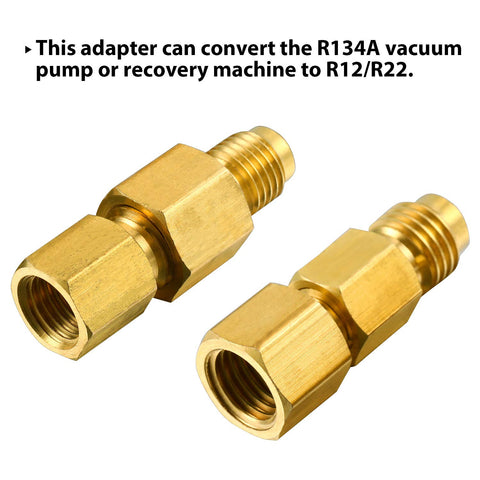 4 Piece R134A Refrigerant Tank Adapter Set For Car Air Conditioning Service Includes Half Inch Female To Quarter Inch Male Flare Valve Core And Quarter Inch Female To Half Inch Male Vacuum Pump Adapters For R12 And R134A Systems showing brass adapters