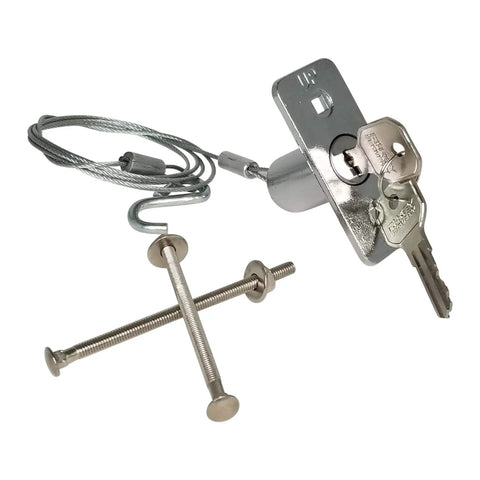 Garage Door Emergency Release Cable Kit With Quick Release Lock For Easy Manual Access, includes cables, screws, and lock with keys.