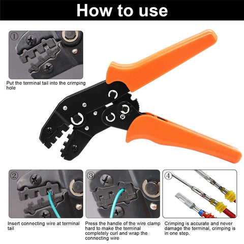 Instructions for using the 1008Pcs 63 Set Waterproof Automotive Electrical Connectors Kit with ratcheting crimper pliers.