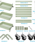 Components of Go To Space Saving Foldable 3 Tier Rolling Cart With Wheels in green, including basins, tubes, and tools.