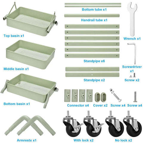 Components of Go To Space Saving Foldable 3 Tier Rolling Cart With Wheels in green, including basins, tubes, and tools.