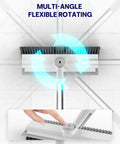 3-In-1 Floor Scrub Brush With Long Reach Handle, showing multi-angle rotation with heavy-duty stiff bristles and squeegee.