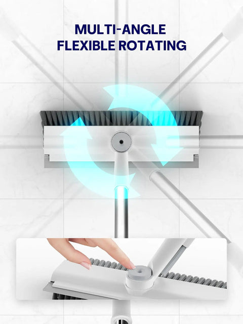 3-In-1 Floor Scrub Brush With Long Reach Handle, showing multi-angle rotation with heavy-duty stiff bristles and squeegee.