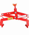 Heavy Duty Vertical Drum Lifter For 30 Gal Steel Hoops Pails Rises 1100 Lbs Safely For Forklift Hook Or Overhead Host Handling Quick Clean Ups, red steel frame with gripping claws.