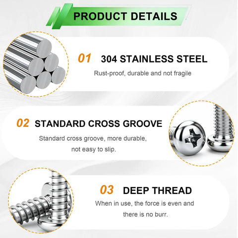 680 Piece Stainless Wood And Sheet Metal Screw Kit With Pan Head Self Tapping Screws 304 Stainless Steel 18 Sizes From One Quarter Inch To One And One Half Inch Heavy Duty Fasteners For Wood Metal And Diy Projects, 304 steel detail