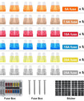 Assorted 30 fuses for 12V Marine Fuse Block with waterproof housing and LED indicator, 5A to 25A, with screws and labels.