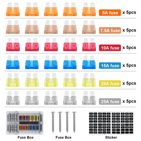 Assorted 30 fuses for 12V Marine Fuse Block with waterproof housing and LED indicator, 5A to 25A, with screws and labels.