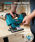Badass Brushless Cordless Jigsaw Featuring Dual Four Ah Batteries And Rock Solid Variable Speed Settings For Lightning Fast Precision Cuts On Wood And Steel Projects, being used to cut wood at a 45-degree angle.