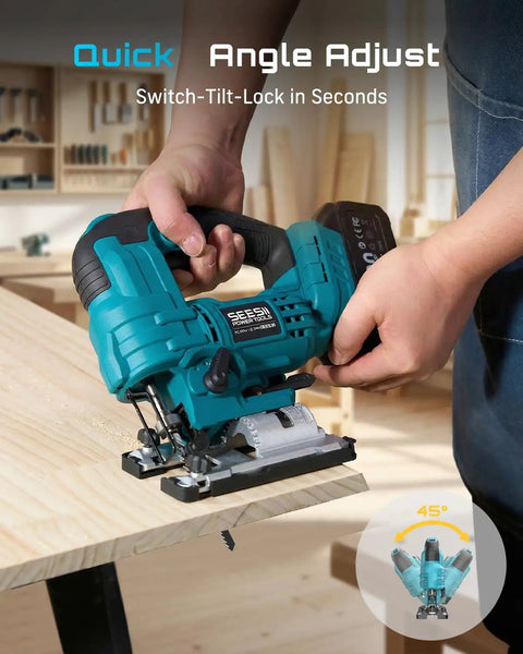 Badass Brushless Cordless Jigsaw Featuring Dual Four Ah Batteries And Rock Solid Variable Speed Settings For Lightning Fast Precision Cuts On Wood And Steel Projects, being used to cut wood at a 45-degree angle.