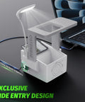 Trading Card Scanner Stand With LED Light And Magnetic Base For MTG And TCG, Fast Slotted Scan For Unsleeved Cards next to laptop