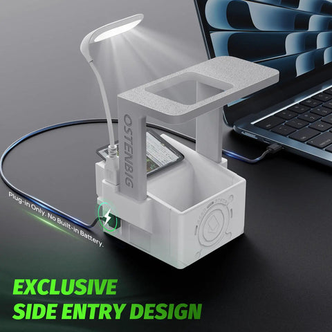 Trading Card Scanner Stand With LED Light And Magnetic Base For MTG And TCG, Fast Slotted Scan For Unsleeved Cards next to laptop