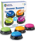 Colorful set of 4 sound effect buttons and packaging for Answer Buzzers For Classroom Games And Trivia Colorful Sound Effect Buttons