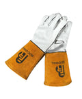 Game Changer 14 Inch Welding Gloves Crafted From Tough Grain Cowhide Leather With Kevlar Stitched Backings And Plush Cotton Liner For Knockout Heat Resistance On Daily Trade Grind in orange and white.