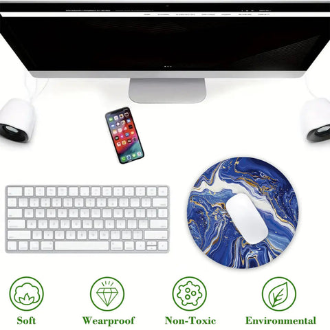 Luxury Blue Gold Marble Round Mouse Pad With Non Slip Rubber Base And Stitched Edge, next to keyboard, for home office decor