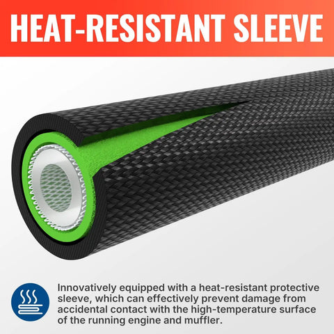 Close-up of upgraded 50 ft pressure washer hose with heat-resistant sleeve, detail on wear-resistant material and construction.