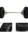 29 Inch Rear Axle Assembly Wheel Hub Kit For Go Kart Quad Trike Drift Bike Builds Complete DIY Replacement Beefed Up Rear End Parts For Street Track And Off Road Fun axle with wheels in front view