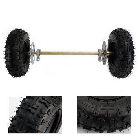 29 Inch Rear Axle Assembly Wheel Hub Kit For Go Kart Quad Trike Drift Bike Builds Complete DIY Replacement Beefed Up Rear End Parts For Street Track And Off Road Fun axle with wheels in front view