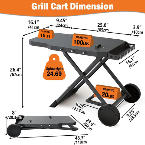 Foldable Grill Cart Stand for Weber Q Series Q1000 Q1200 Q1400 Q2000 Q2200 Q2400 dimensions with weights and measurements