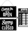 Open Closed Sign Set With Business Hours Flip Sign For Window And Door Includes Vinyl Sticker Pack Eye Catching Open For Biz And Closed Messages Perfect For Store Restaurant Or Bar Black. Come in, we're open and sorry, we're closed signs with business hours board, black.
