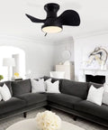 22" Modern Small Ceiling Fan with Light, Matte Black Reversible Energy Saving Silent DC Ceiling Fan Remote Controlled, 3 CCT Memory LED Flush Mount Fan for Small Spaces Kitchen Bedroom Toilet Patio in a stylish living room.