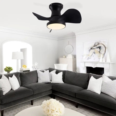 22" Modern Small Ceiling Fan with Light, Matte Black Reversible Energy Saving Silent DC Ceiling Fan Remote Controlled, 3 CCT Memory LED Flush Mount Fan for Small Spaces Kitchen Bedroom Toilet Patio in a stylish living room.