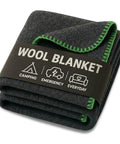 Go-To Rugged Wool Camping Blanket 70 Percent Wool, Fire Retardant, showing folded grey blanket with green edges and label