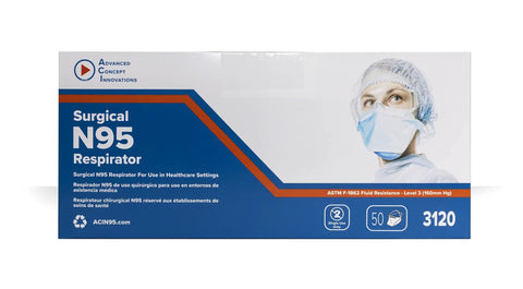 Box of 50 blue N95 Duckbill Respirator Mask with pouched design for all-day breathable comfort with flexible nosepiece and headloops