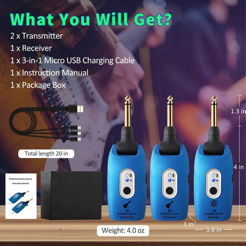 2.4GHz Wireless Guitar System With Transmitter And Receiver, Rechargeable, Four Channels, 100 ft Range, 270° Plug, Gig Ready