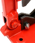 Close-up of Heavy Duty Pipe Vise With Beefy Forged Steel Yoke For Plumbing Tasks Clamp On Mount. Rust resistant red finish.