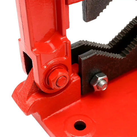 Close-up of Heavy Duty Pipe Vise With Beefy Forged Steel Yoke For Plumbing Tasks Clamp On Mount. Rust resistant red finish.