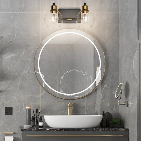 Two Light Vintage Bathroom Vanity Lighting Fixture Over Mirror Black And Gold Industrial Vanity Light With Globe Clear Glass Farmhouse Wall Sconces Bulb Not Included