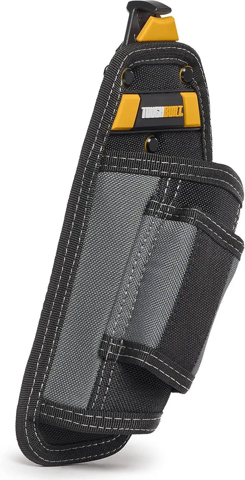 Black ClipTech Hammer Holster Clip On Belt Tool Holder With Nail Puller Sleeve And Rear Angle Design, durable accessory