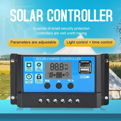 30A Solar Charge Controller PWM 12V 24V Auto Detect Regulator with adjustable LCD, dual USB ports, MPPT compatible