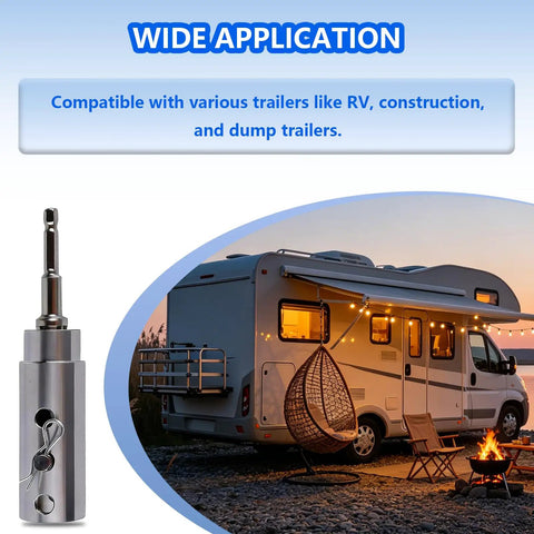 Heavy Duty Trailer Jack Drill Adapter With One Inch Drive Shaft And Half Inch Socket Bit For Electric Drills Ideal For Turbo Jack Overhauls On Gooseneck Flatbed And Semi Trailers Rock Solid And Dead Easy next to a trailer during a campfire.