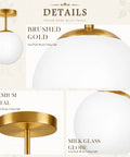 Mid Century Modern Globe Ceiling Light With Frosted Glass Ball And Totally Slick Gold Brass Finish Knockout Semi Flush Mount Fixture Comes With Dimmable E26 Warm Bulb For Hallway Stairs Or Closets detailed view of brushed gold and milk glass globe.