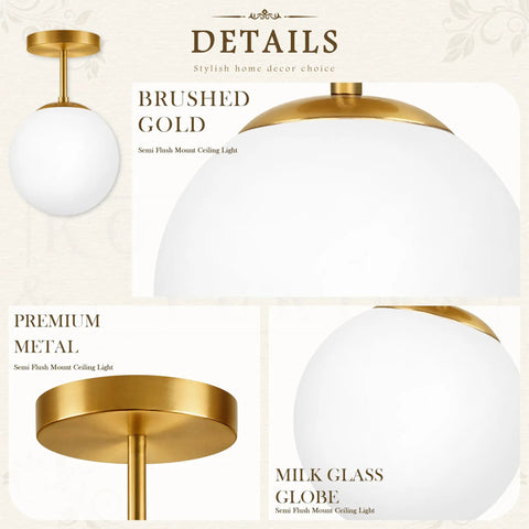 Mid Century Modern Globe Ceiling Light With Frosted Glass Ball And Totally Slick Gold Brass Finish Knockout Semi Flush Mount Fixture Comes With Dimmable E26 Warm Bulb For Hallway Stairs Or Closets detailed view of brushed gold and milk glass globe.