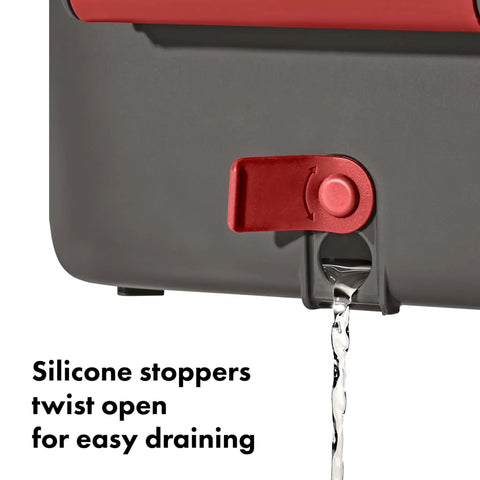 Red silicone stopper on Outdoor Camp Kitchen Wash Dry And Stow System with water draining
