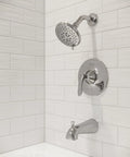 Tub And Shower Trim Kit With 1-Handle 3-Hole Install, Multi-Function Shower Head With 5 Spray Modes, QuickConnect Tub Spout, Polished Chrome Finish, Your Go-To Bath Upgrade installed in bathroom