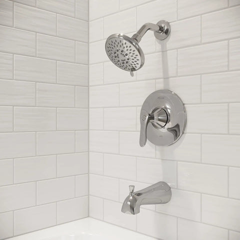 Tub And Shower Trim Kit With 1-Handle 3-Hole Install, Multi-Function Shower Head With 5 Spray Modes, QuickConnect Tub Spout, Polished Chrome Finish, Your Go-To Bath Upgrade installed in bathroom