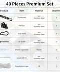 40-piece kit chart showing components of Pro Grade Heavy Duty 6 Inch 304 Stainless Sun Shade Hardware Kit For Triangle And Rectangle Sun Shade Sail Installation Awning Attachment Set For Patio Garden Outdoor Sun Protection Rain Shield 46 Pcs.