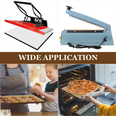 20 Pack Teflon Sheets For Heat Press And Ironing shown in versatile uses: baking cookies and pizza, and crafting with heat sealers.