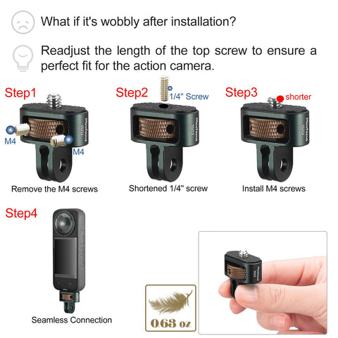 One Quarter Inch Camera Mount Adapter Screw Head installation steps for GoPro Hero, DJI, Insta360 action cameras with seamless connection