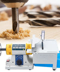 110V Mini Table Saw Rock Polisher with Flexible Shaft, Jewelry Grinder and Polishing Machine near wood shavings and drill bit